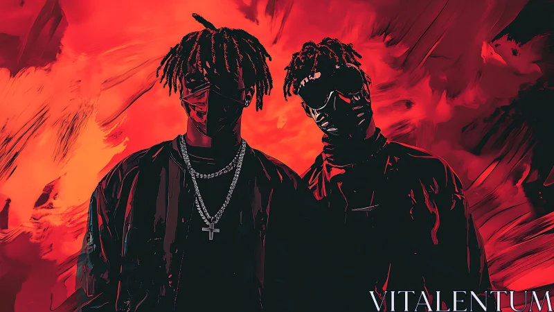 Masked duo in red abstract neon urban portrait.