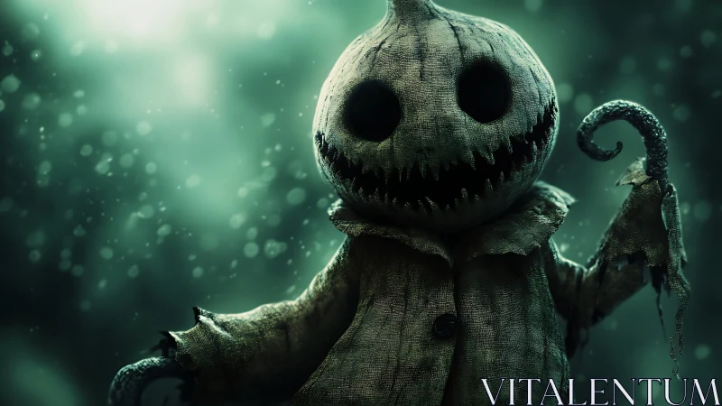 Playfully eerie pumpkin-headed guide in misty green glow.