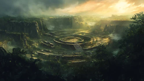 Circular stone ruin within misty overgrown valley basin.