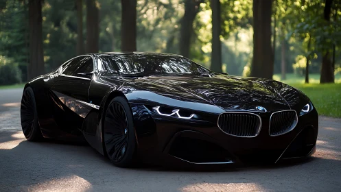 Black BMW concept coupe stands on shaded forest road