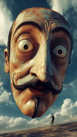 Gigantic stylized mustached head hovers over lone human figure