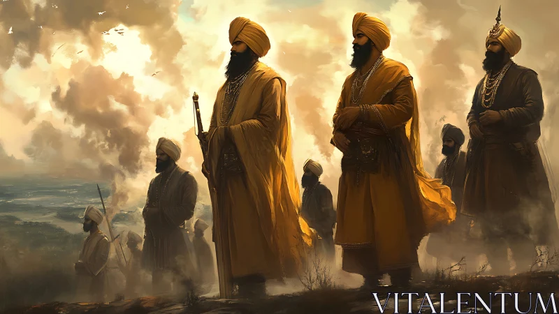 Sikh leaders in traditional dress on elevated terrain at dusk.