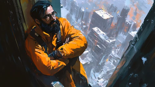 Skyline drifter in orange coat brooding above frozen city.