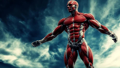 Muscular anatomical figure under dramatic cloudy sky.