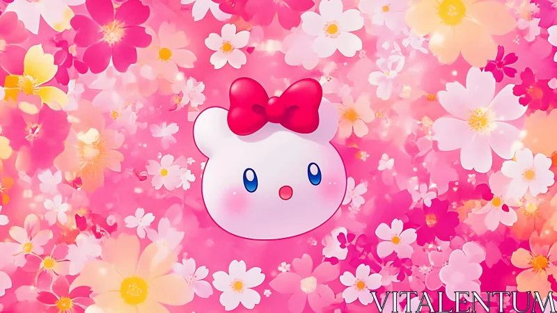 Bubble-cheeked bow bunny drifts through a candy blossom sky