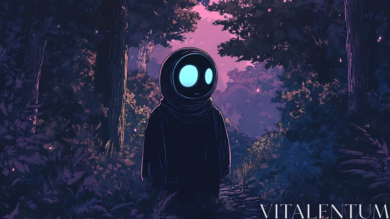 Moon-eyed wanderer drifts through neon-twilight forest hush.