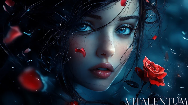 Midnight rose muse with ocean eyes in drifting petals.