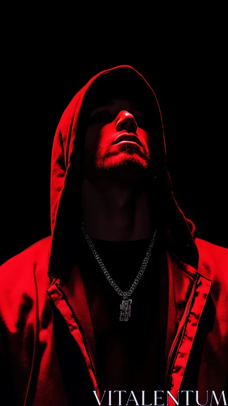 Hooded male figure in red light against black background.