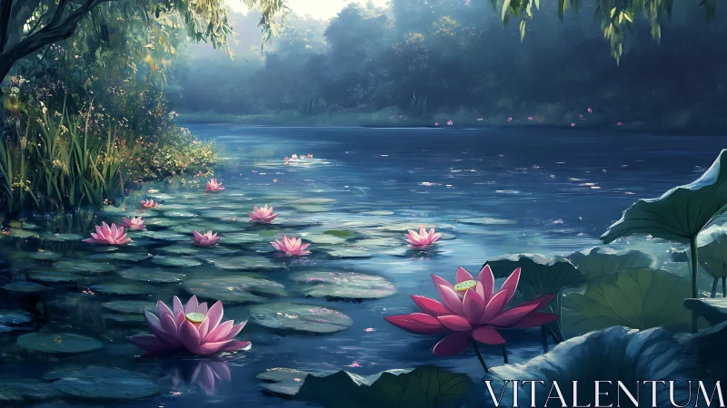 Serene lotus pond reflects cool morning forest light