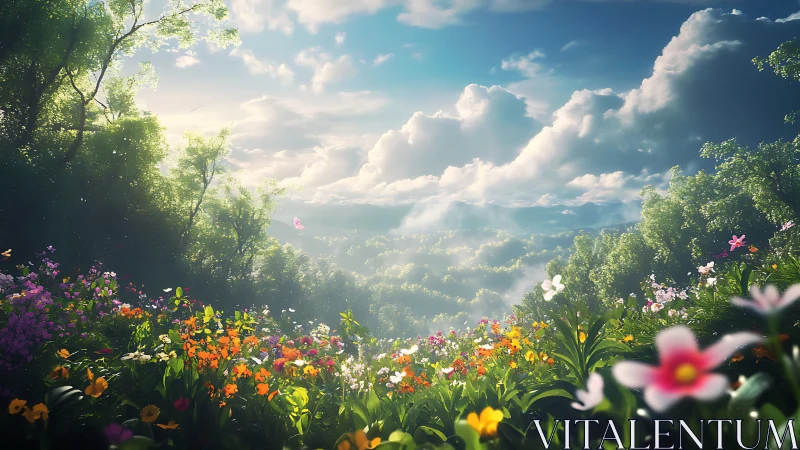 Sunlit wildflower meadow overlooks misty forest valley