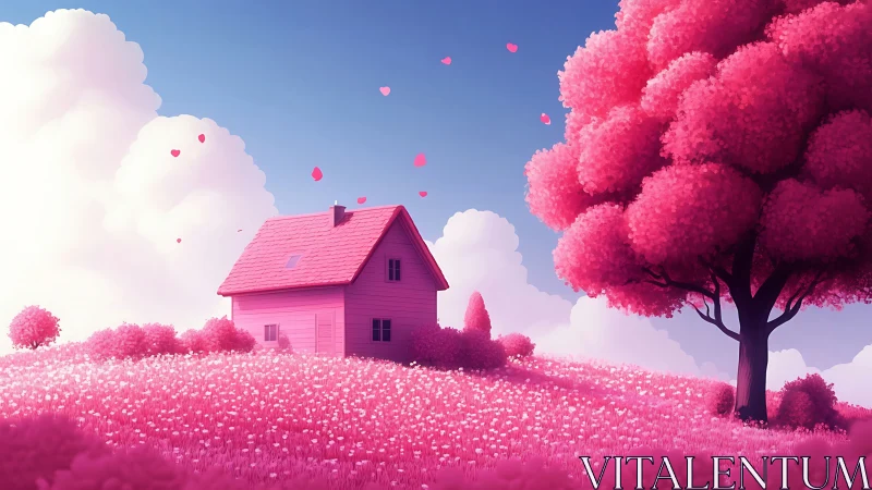 Romantic pink cottage amid stylized sakura meadow landscape.
