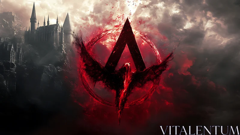 Dark fantasy emblem over fortress skyline in digital painting.