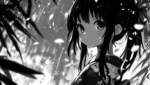 Monochrome anime girl in kimono among falling petals.