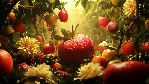 Hyperreal hybrid strawberry-apple centerpiece in glowing orchard