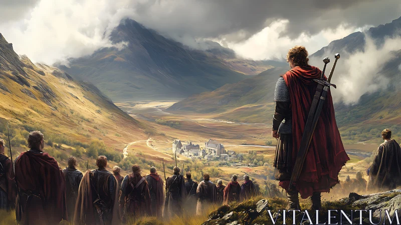 Medieval warband surveys misty valley fortress below