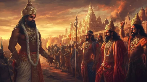 Warrior king leading soldiers before grand temple city.