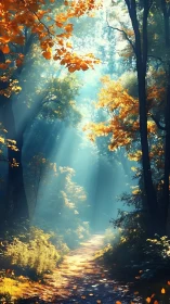 Luminous Forest Path: Autumn Canopy Light Effect.