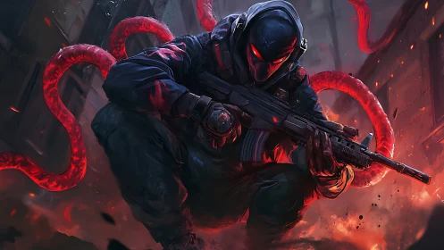 Tactical operative with parasitic tendrils in incendiary alleyway.