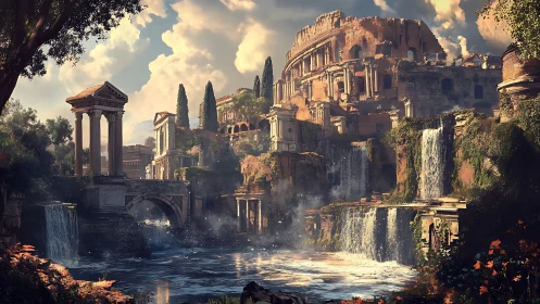 Ancient Roman ruins with waterfalls in overgrown landscape.