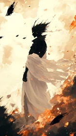 Ashborn sentinel strides through roaring emberstorm skies.