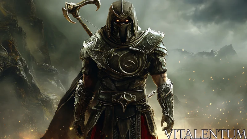 Dark armored warlord stands in burning mountain pass.