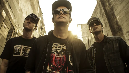 Urban band trio in caps and sunglasses at sunset.