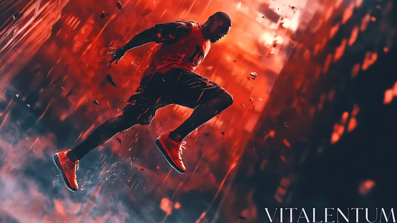 Dynamic athlete midair in red urban digital environment.