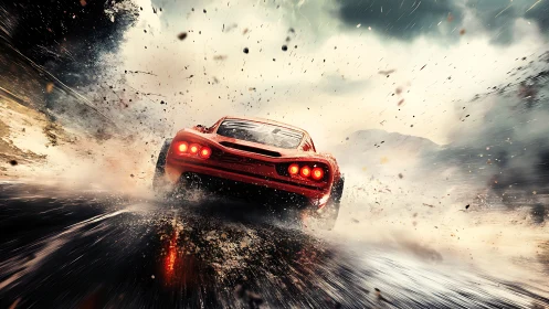 Red supercar powers through storming wet racetrack