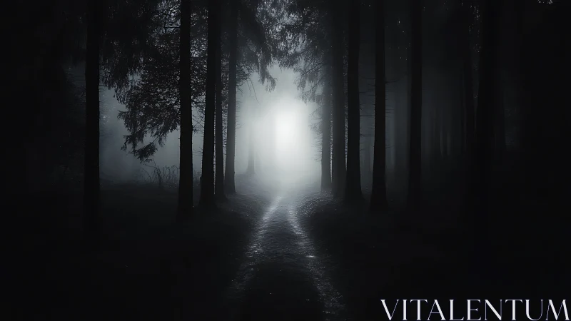 Backlit forest path vanishes into high-contrast nocturnal haze