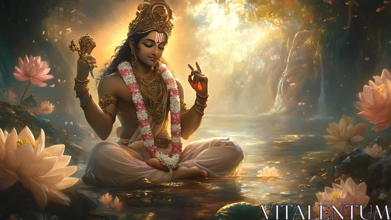 Serene divine figure meditating in a golden lotus pond.