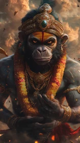 Majestic monkey warrior radiates power in glowing garlands