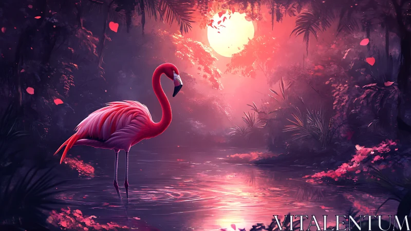 Moonlit flamingo dreaming in a rosy jungle lagoon.