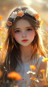 Digital portrait girl with flower crown in warm field.