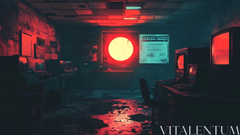 Glowing red sun haunts an abandoned retro computer lab