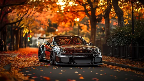 Black sports car glides through a glowing autumn city street