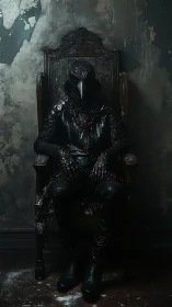 Midnight crow-masked figure rests in a worn, shadowed throne