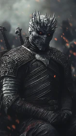 Dark armored demon knight seated in burning ash field.