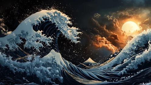 Lunar-illuminated tsunami waves collide with stylized mountain peak