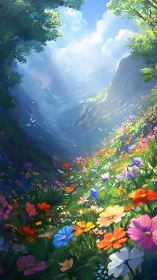 Sunlit alpine meadow ascends into a misty cinematic valley