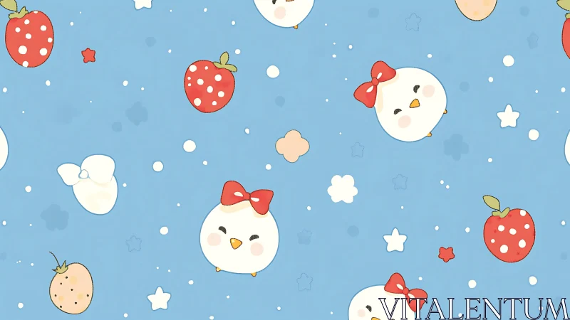 Cute chick faces and strawberries on soft blue pattern.