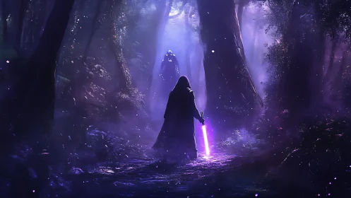 Mystic forest duel glowing with a brave wanderer&rsquo;s resolve.