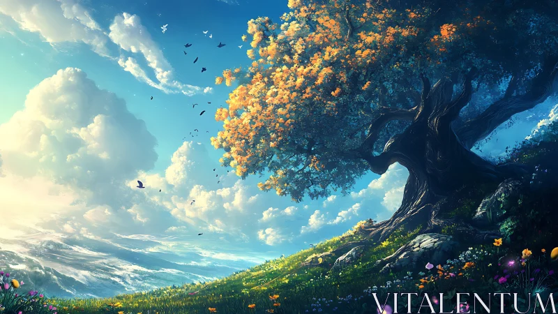 Large old tree on hillside under bright sky with clouds.