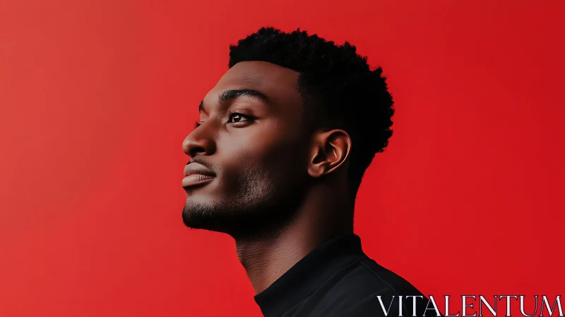 Side profile portrait of man against solid red backdrop.