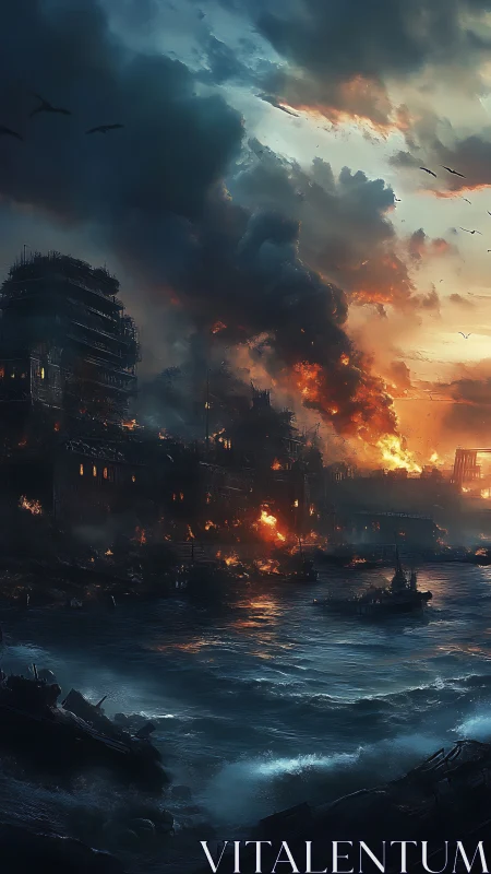 Fiery coastal city glows against a stormy twilight sky