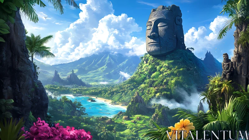 Ancient stone colossus watches over luminous tropical bay.