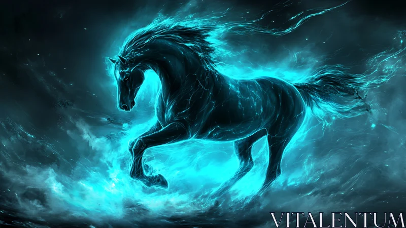 Luminescent equine form composed of blue energy in motion.