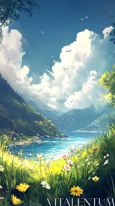 Sunlit wildflower meadow opens onto tranquil turquoise lake.