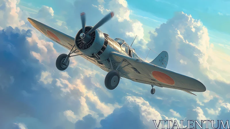 Sunlit warbird gliding through dream-bright towering clouds.