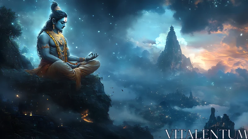 Meditating blue deity on misty cliff before luminous temple peaks