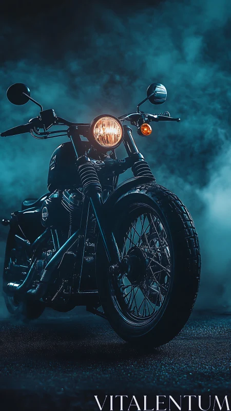 Midnight cafe racer prowls through teal-tinted asphalt fog